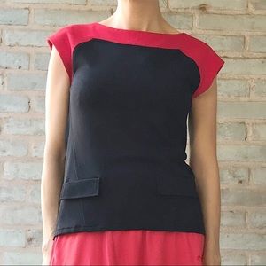 Ann Taylor Top Red Black Colorblock Cap Sleeve Knit Fitted Tee